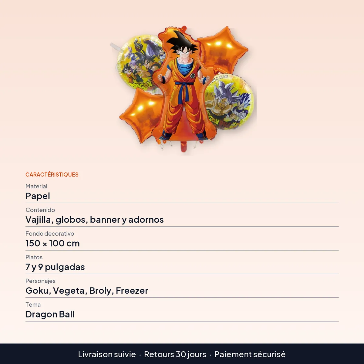 Artículos de fiesta de cumpleaños de Dragon Ball: globos y vajilla : caractéristiques