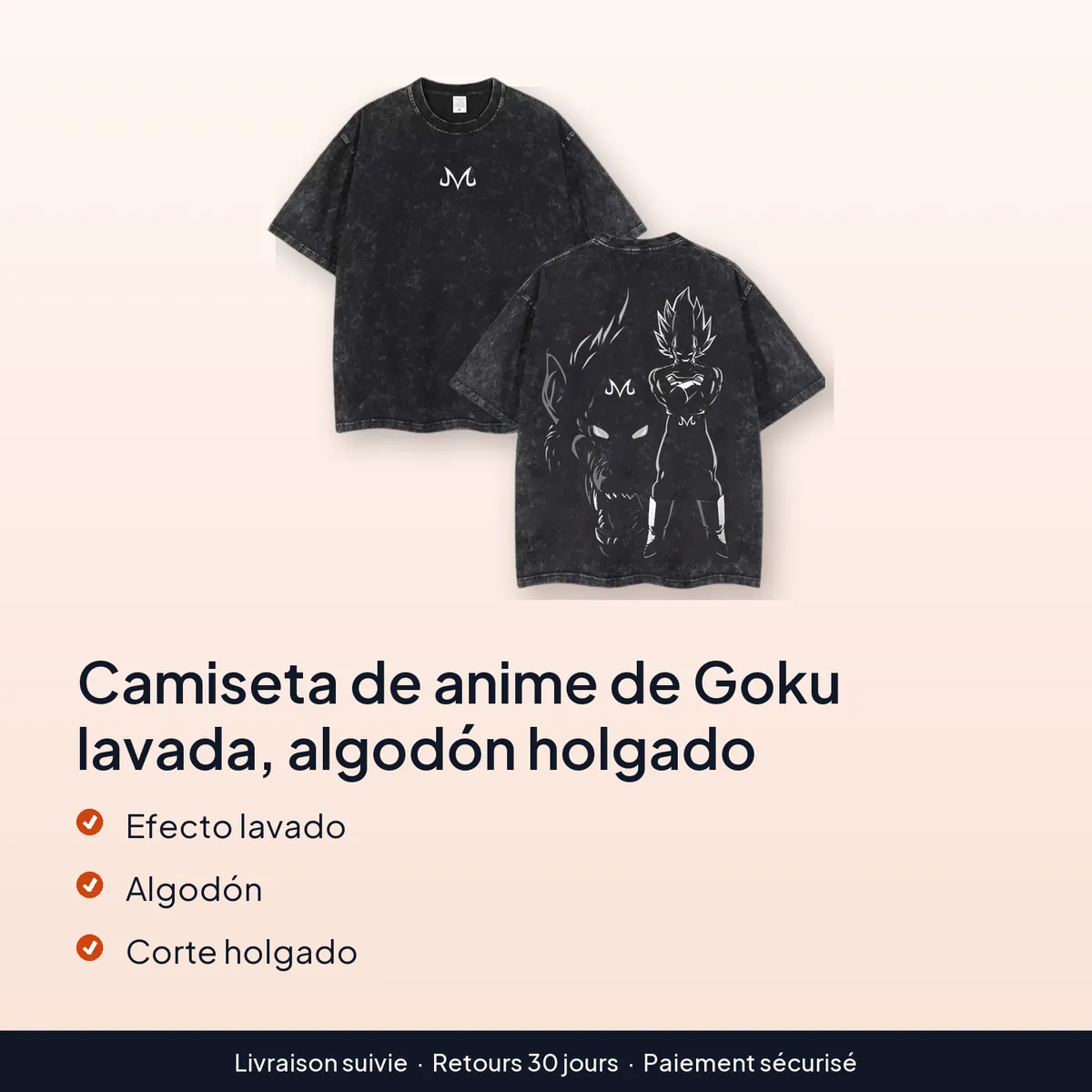 Camiseta de anime de Goku lavada, algodón holgado : efecto lavado, algodón, corte holgado