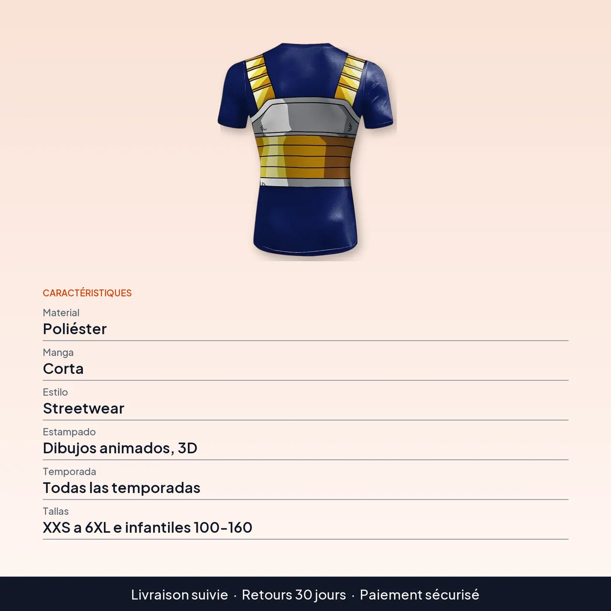 Camiseta con estampado 3D de Vegeta y armadura saiyajin : caractéristiques