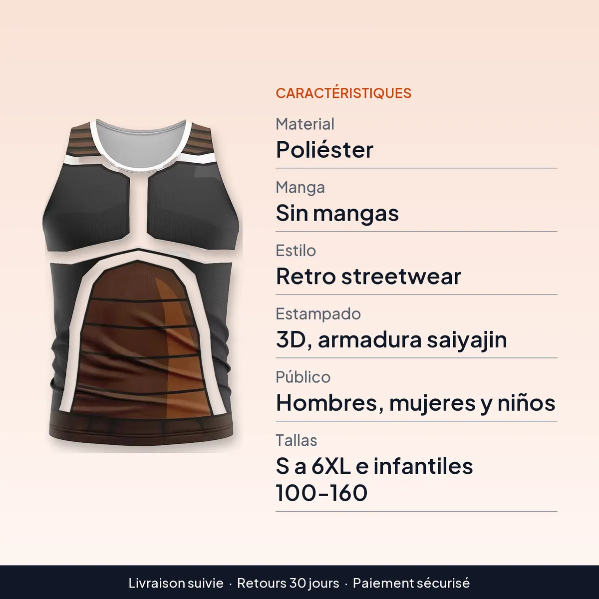 Camiseta sin mangas de cosplay con armadura saiyajin 3D : caractéristiques