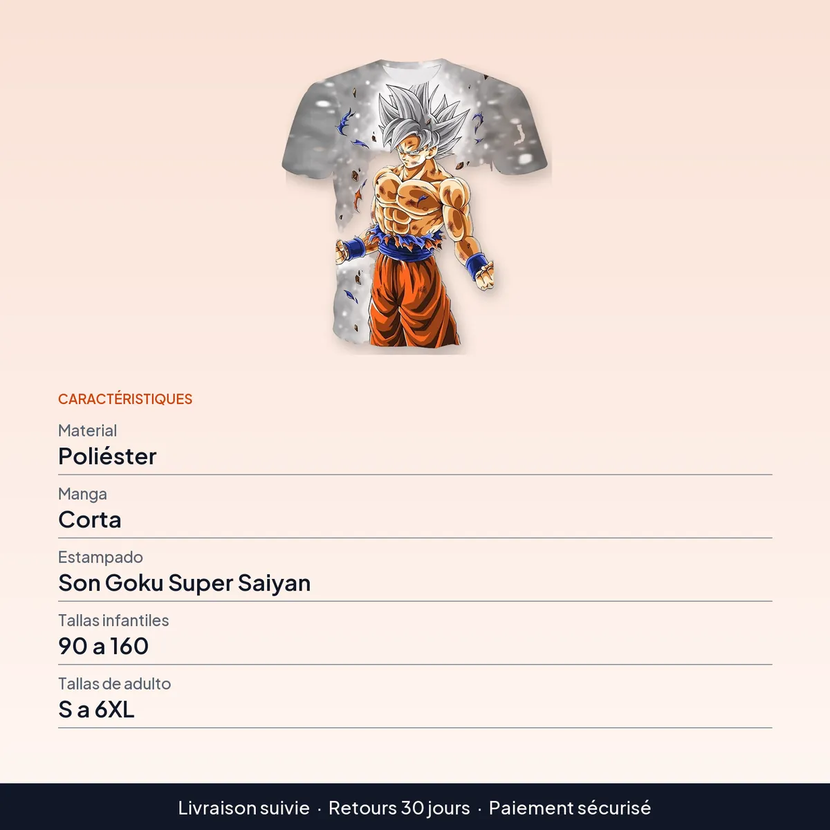 Camiseta de verano 2026 de Goku Super Saiyan para niños : caractéristiques