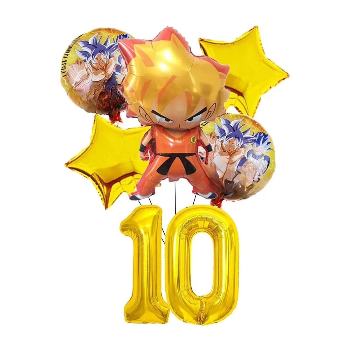 Decoración de cumpleaños de Dragon Ball Z con vajilla y topper – globos numéricos nº 10, 6 piezas