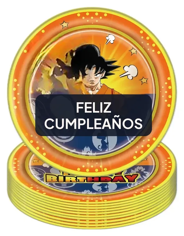 Decoración de cumpleaños de Dragon Ball Z con vajilla y topper
