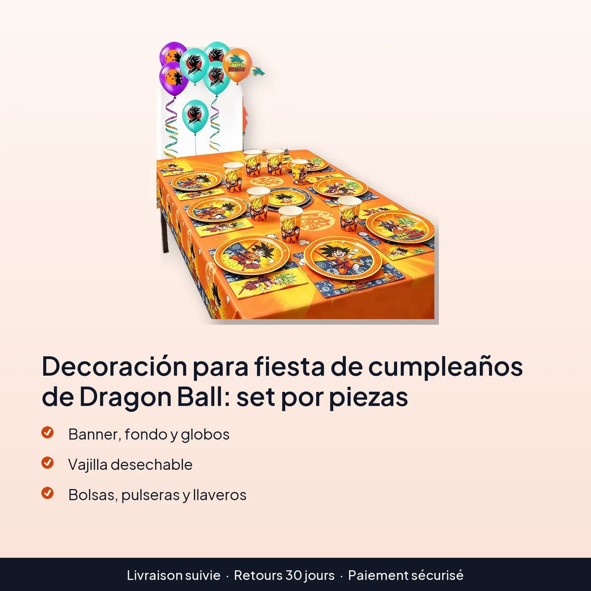 Decoración para fiesta de cumpleaños de Dragon Ball: set por piezas : banner, fondo y globos, vajilla desechable, bolsas, pulseras y llaveros