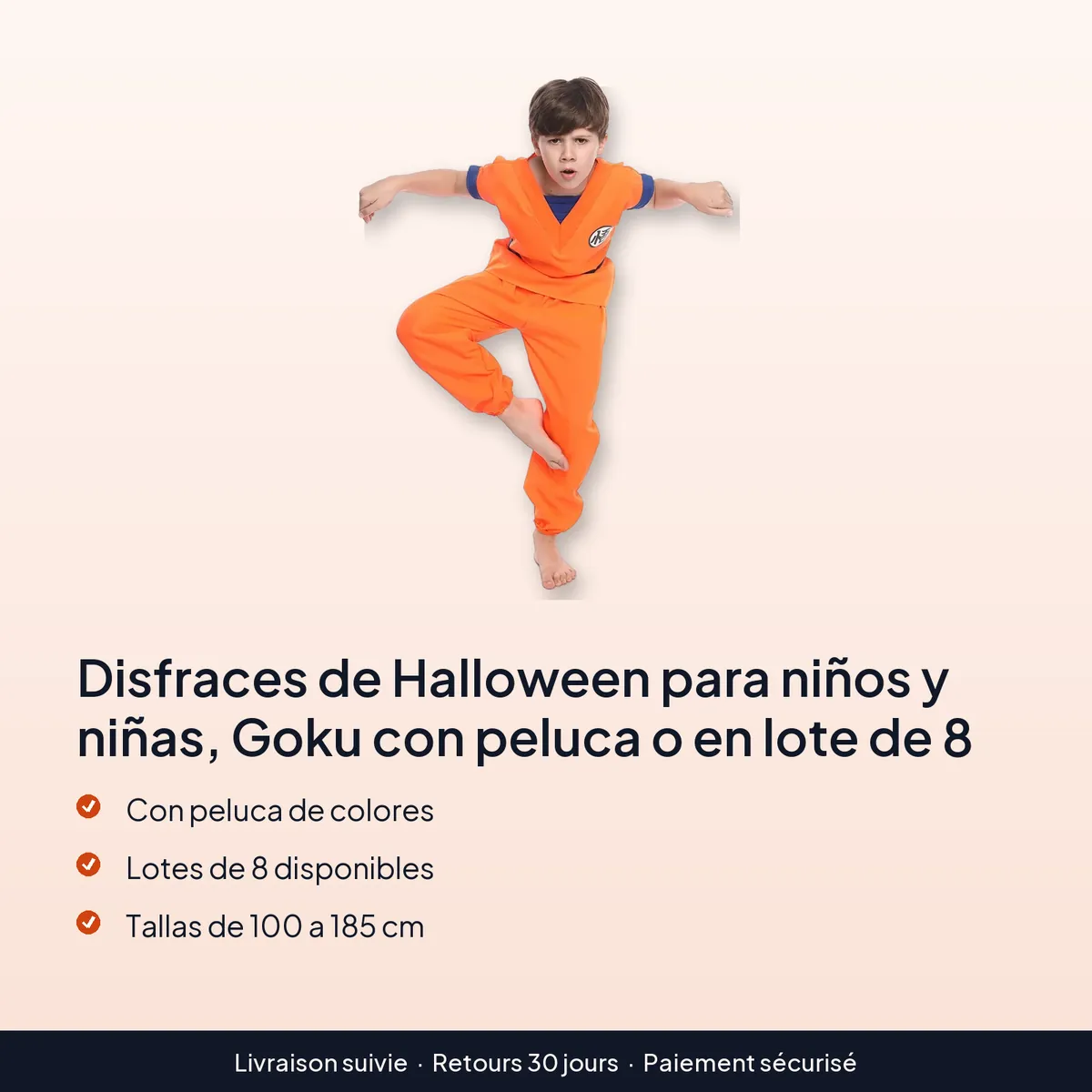 Disfraces de Halloween para niños y niñas, Goku con peluca o en lote de 8 : con peluca de colores, lotes de 8 disponibles, tallas de 100 a 185 cm