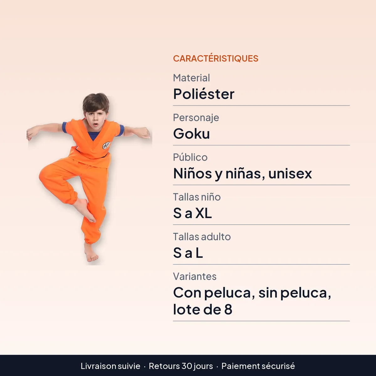 Disfraces de Halloween para niños y niñas, Goku con peluca o en lote de 8 : caractéristiques