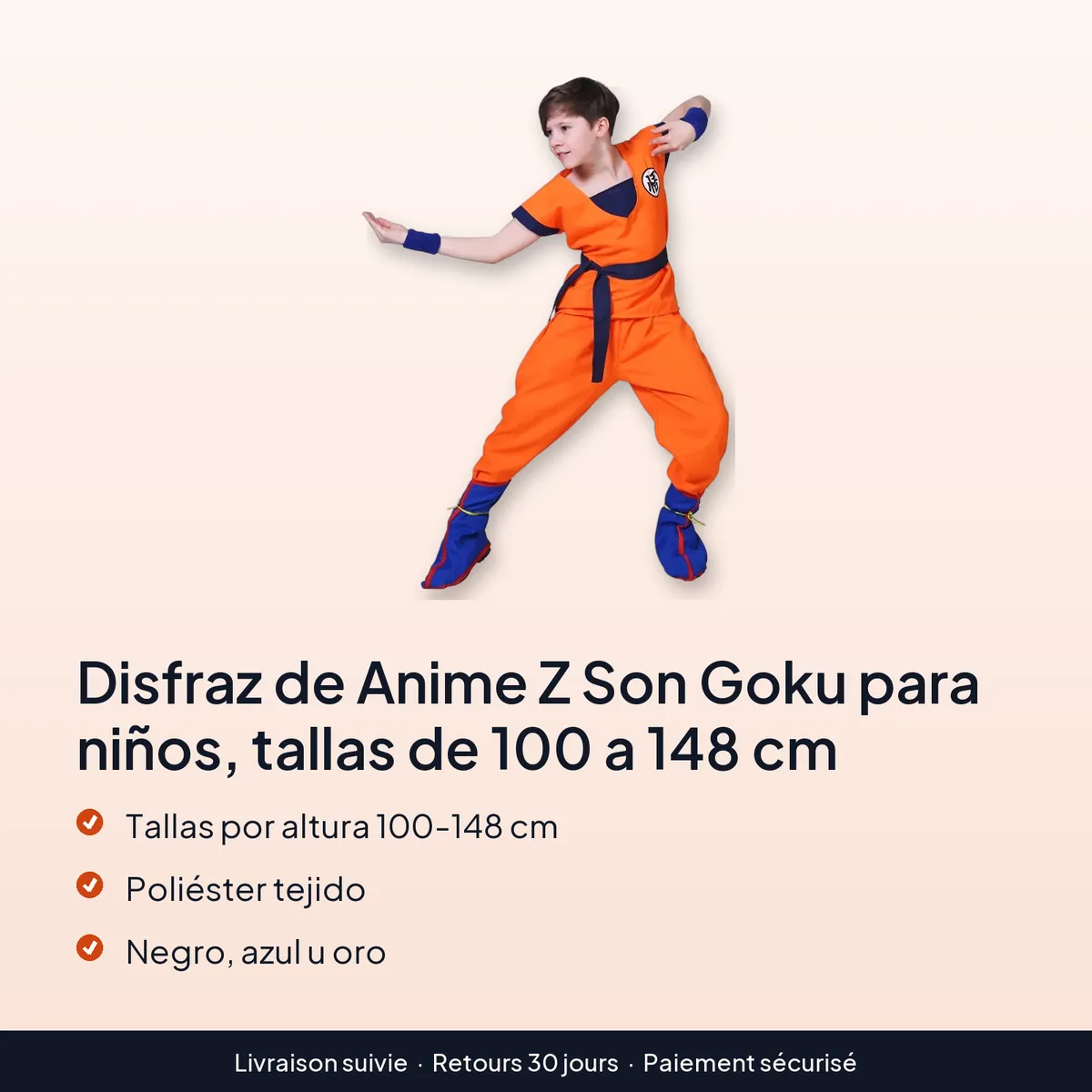 Disfraz de Anime Z Son Goku para niños, tallas de 100 a 148 cm : tallas por altura 100-148 cm, poliéster tejido, negro, azul u oro