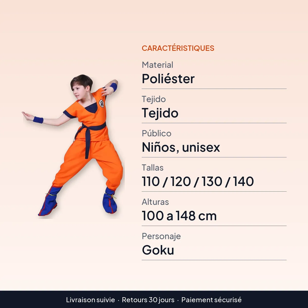 Disfraz de Anime Z Son Goku para niños, tallas de 100 a 148 cm : caractéristiques