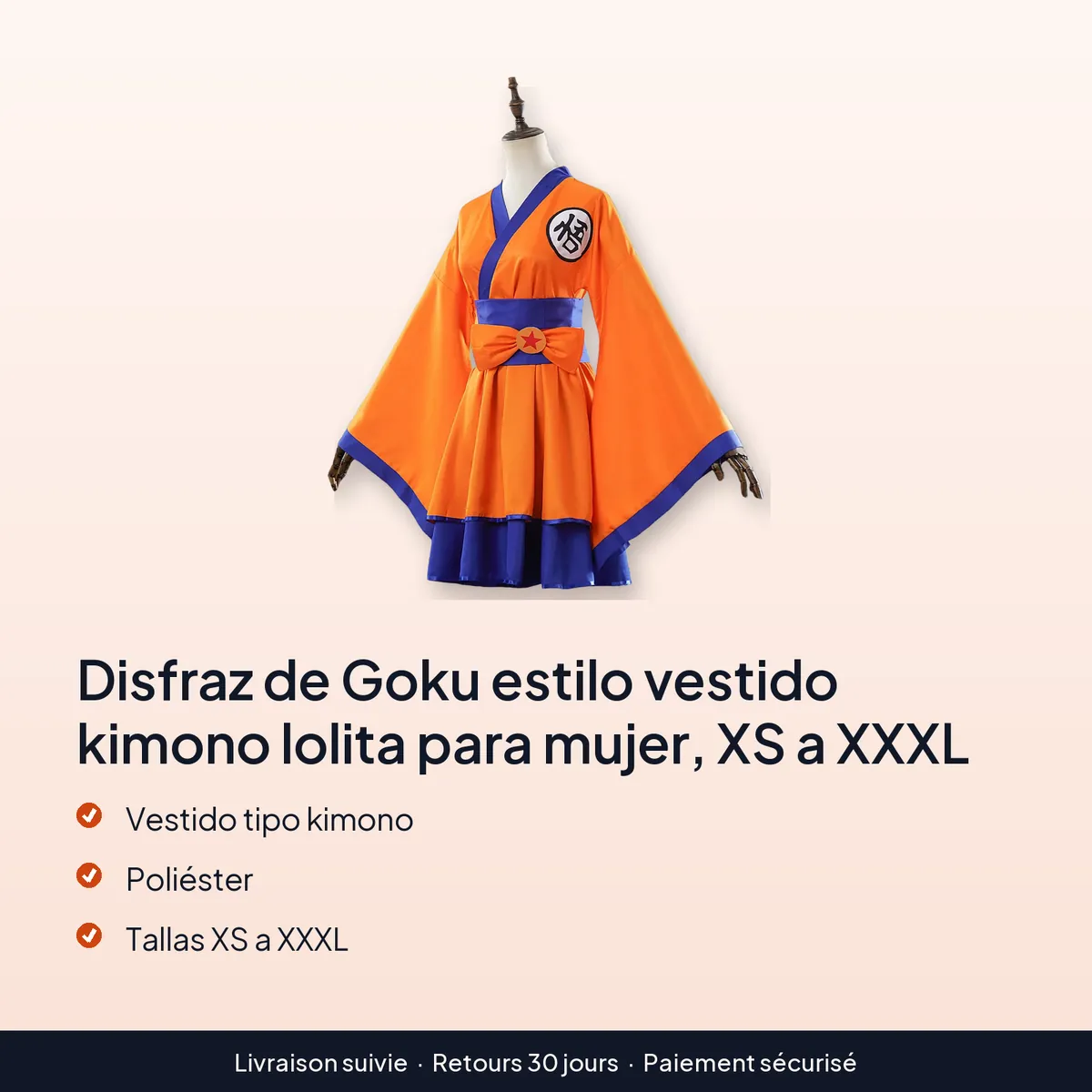 Disfraz de Goku estilo vestido kimono lolita para mujer, XS a XXXL : vestido tipo kimono, poliéster, tallas xs a xxxl