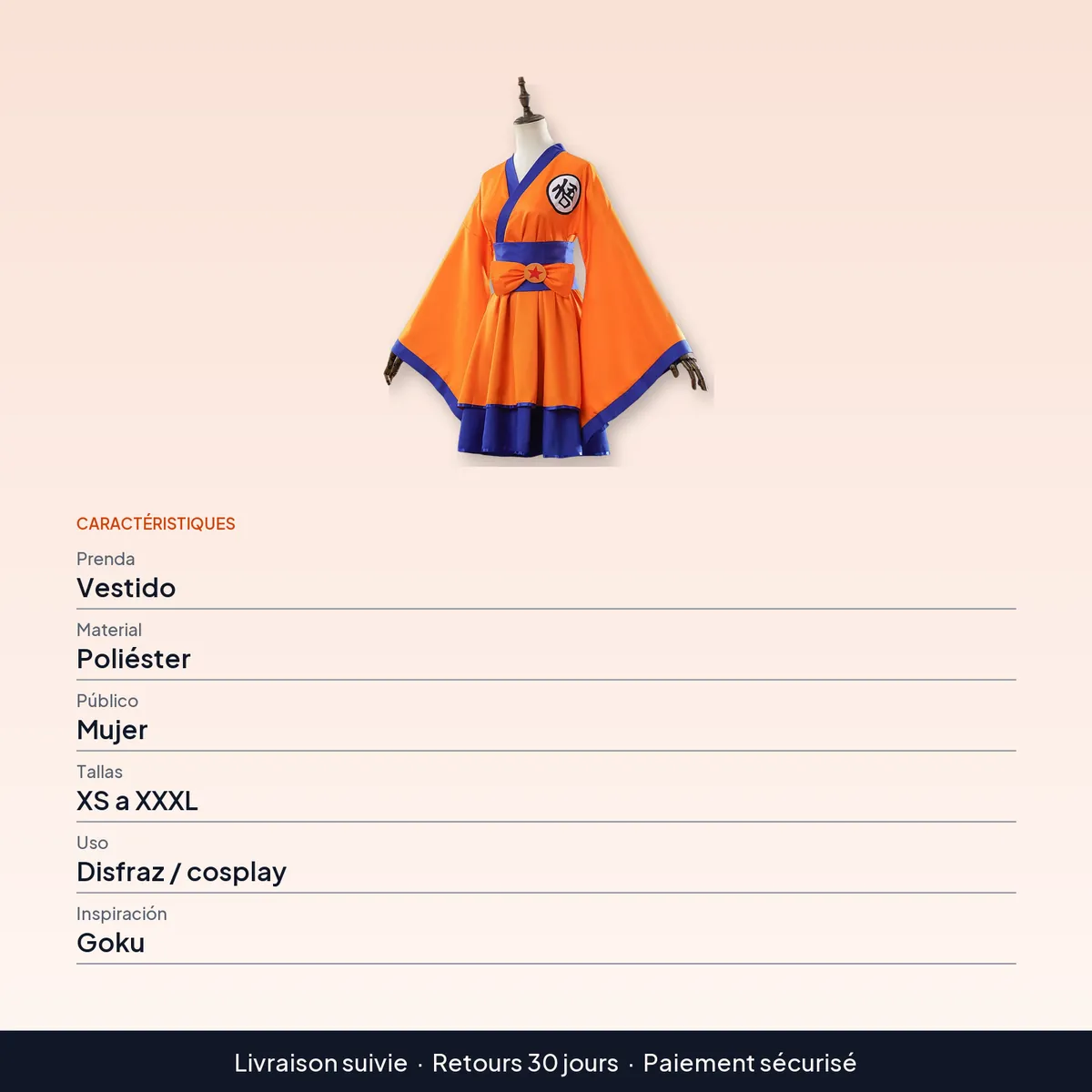 Disfraz de Goku estilo vestido kimono lolita para mujer, XS a XXXL : caractéristiques