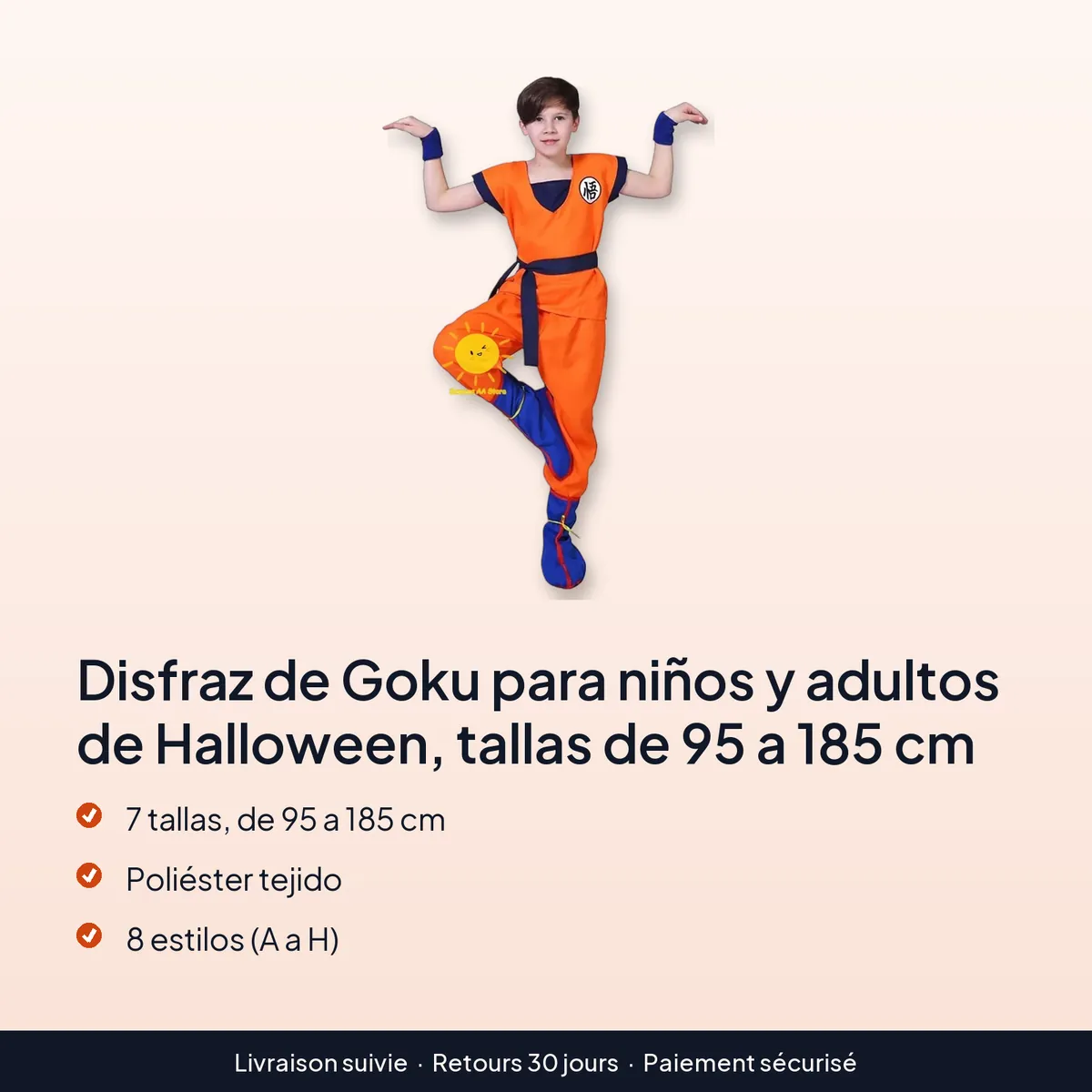 Disfraz de Goku para niños y adultos de Halloween, tallas de 95 a 185 cm : 7 tallas, de 95 a 185 cm, poliéster tejido, 8 estilos (a a h)