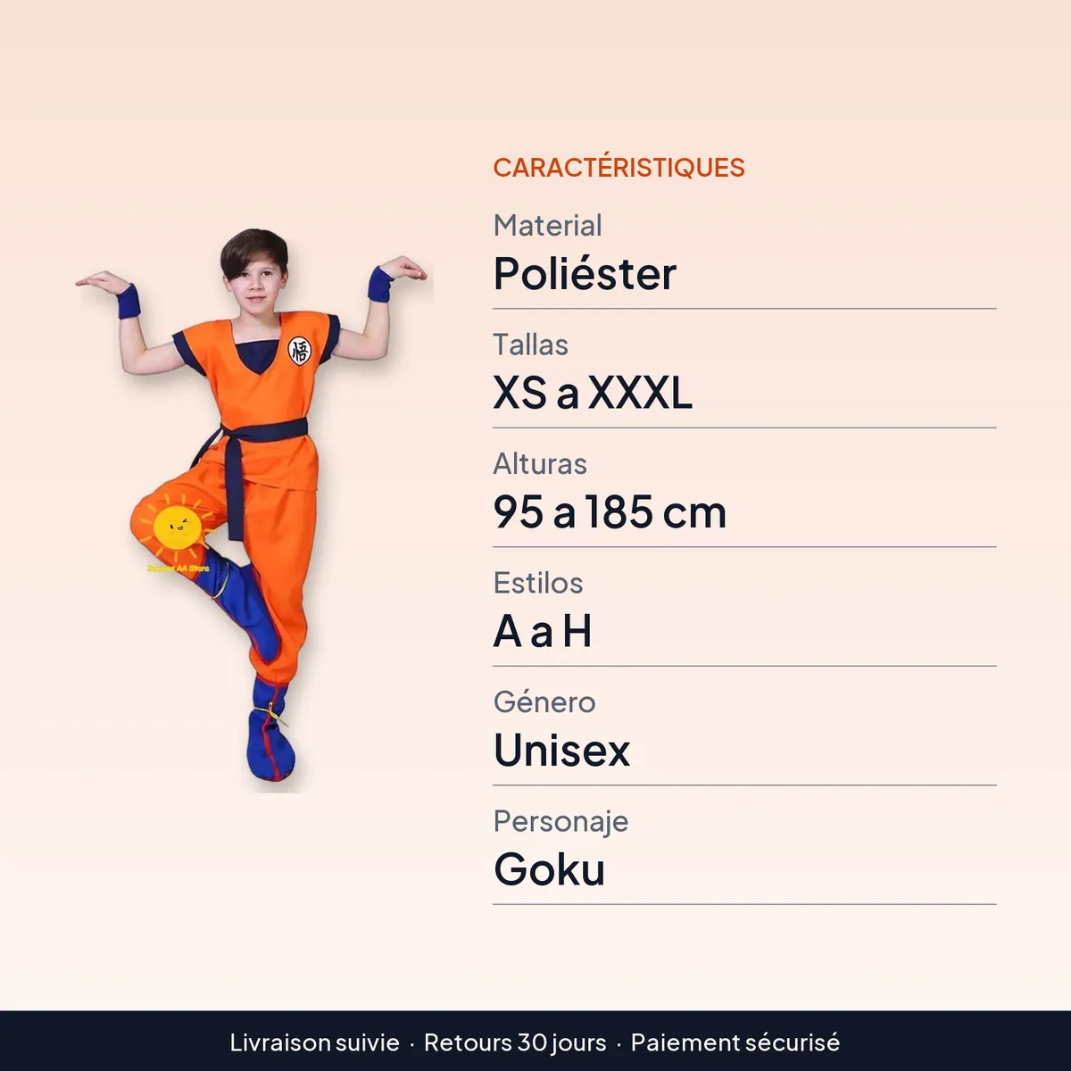 Disfraz de Goku para niños y adultos de Halloween, tallas de 95 a 185 cm : caractéristiques