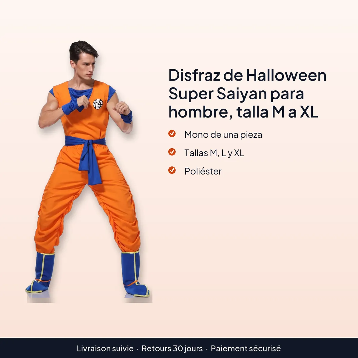 Disfraz de Halloween Super Saiyan para hombre, talla M a XL : mono de una pieza, tallas m, l y xl, poliéster