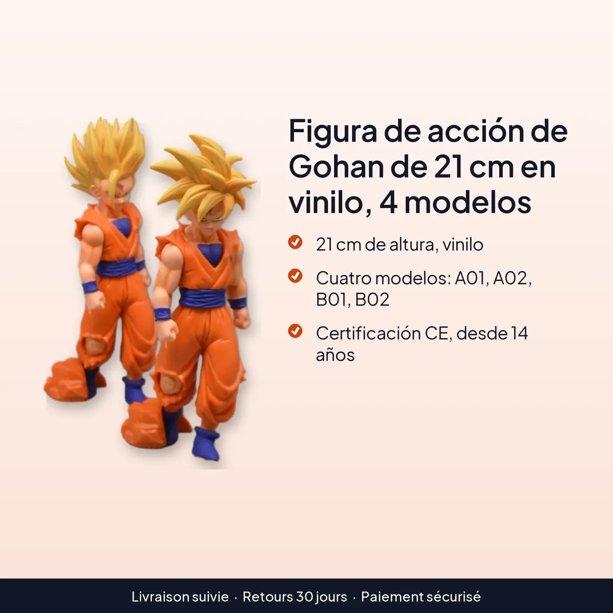 Figura de acción de Gohan de 21 cm en vinilo, 4 modelos : 21 cm de altura, vinilo, cuatro modelos: a01, a02, b01, b02, certificación ce, desde 14 años