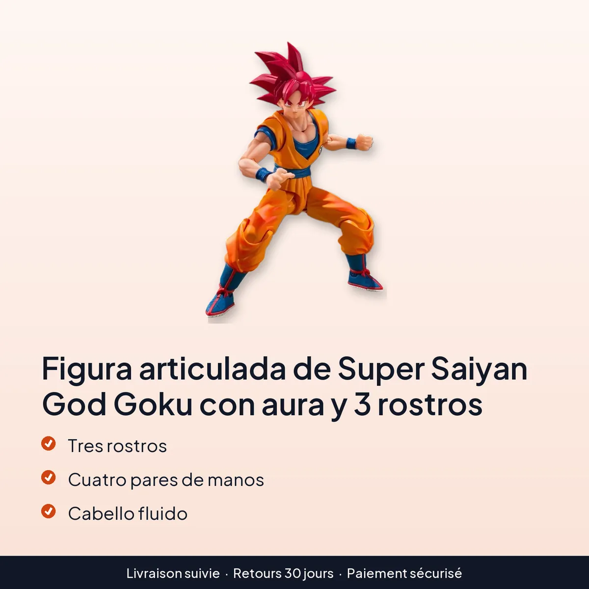 Figura articulada de Super Saiyan God Goku con aura y 3 rostros : tres rostros, cuatro pares de manos, cabello fluido