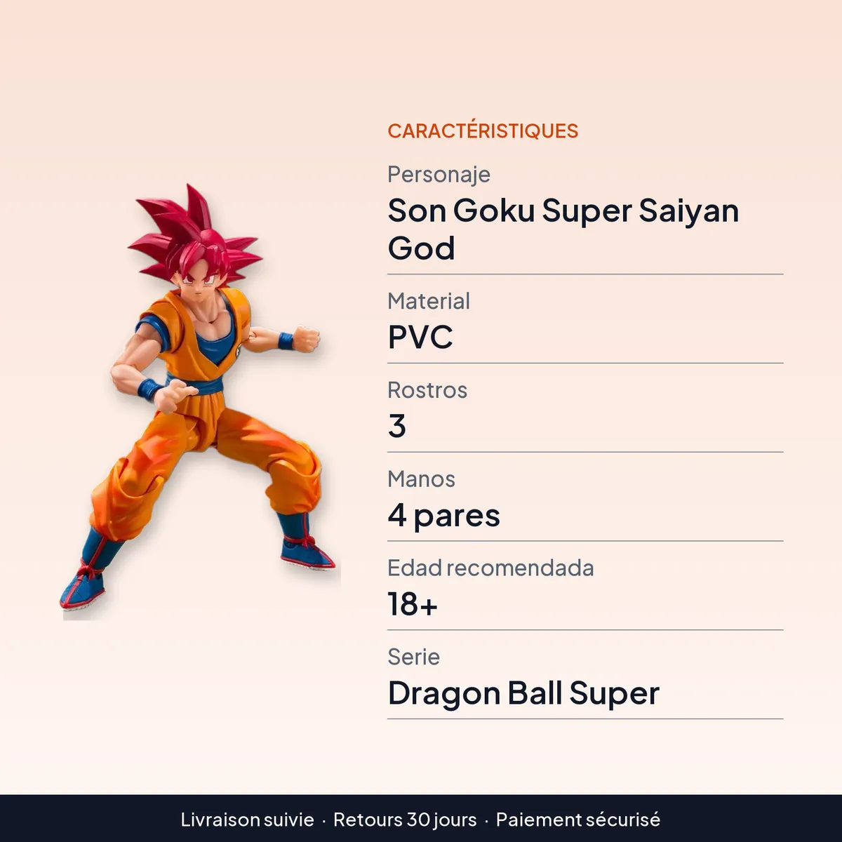 Figura articulada de Super Saiyan God Goku con aura y 3 rostros : caractéristiques