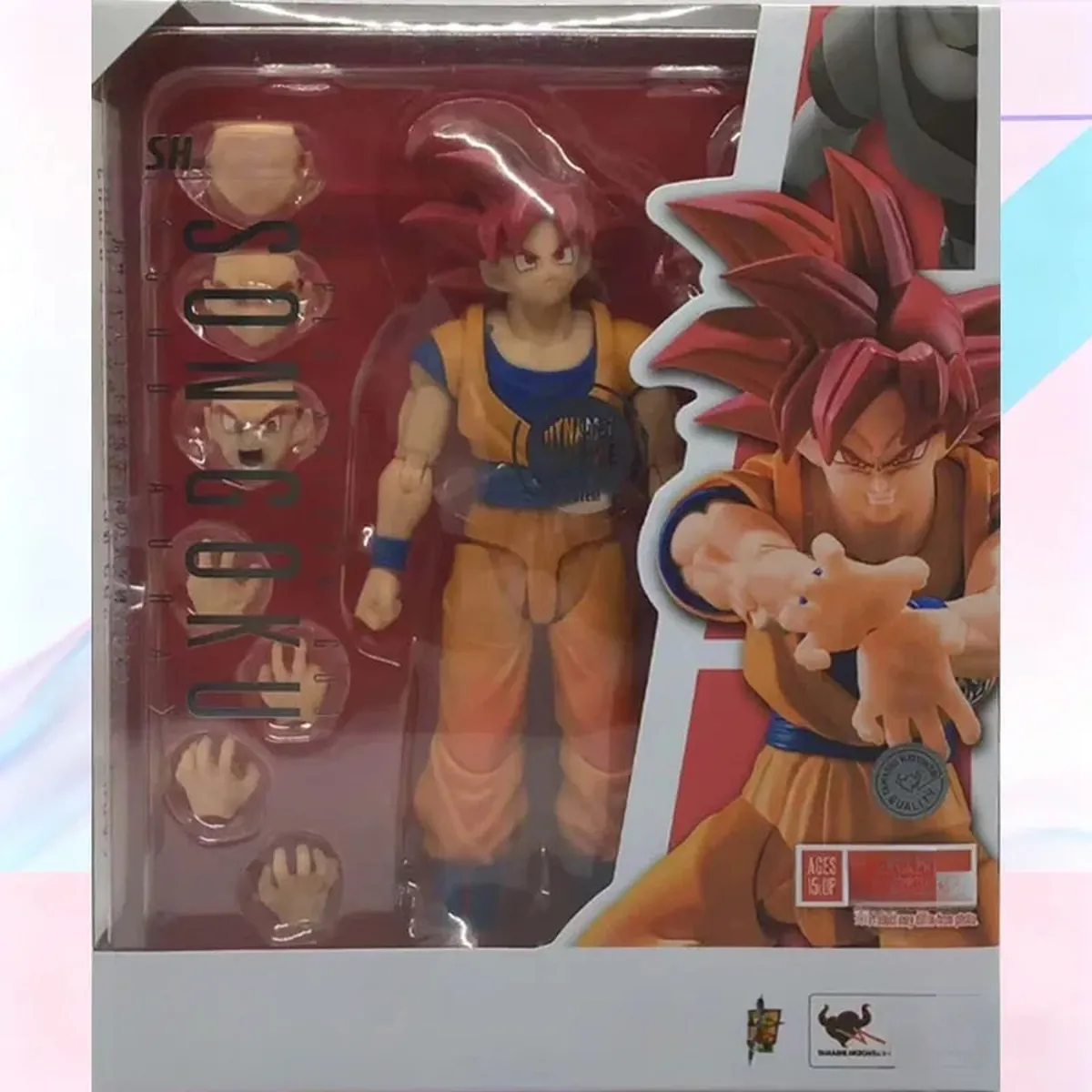 Figura articulada de Super Saiyan God Goku con aura y 3 rostros – son goku 3.0