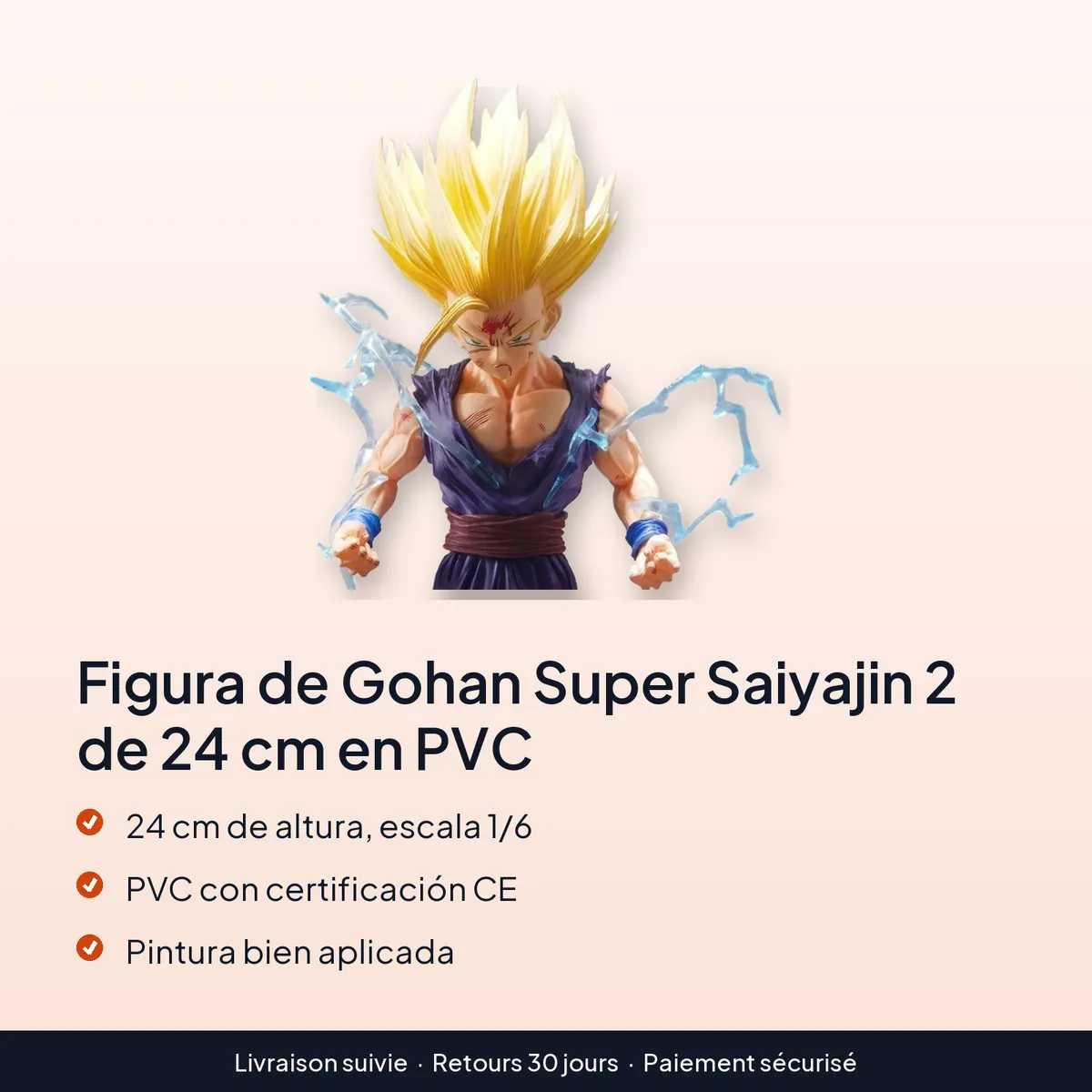 Figura de Gohan Super Saiyajin 2 de 24 cm en PVC : 24 cm de altura, escala 1/6, pvc con certificación ce, pintura bien aplicada