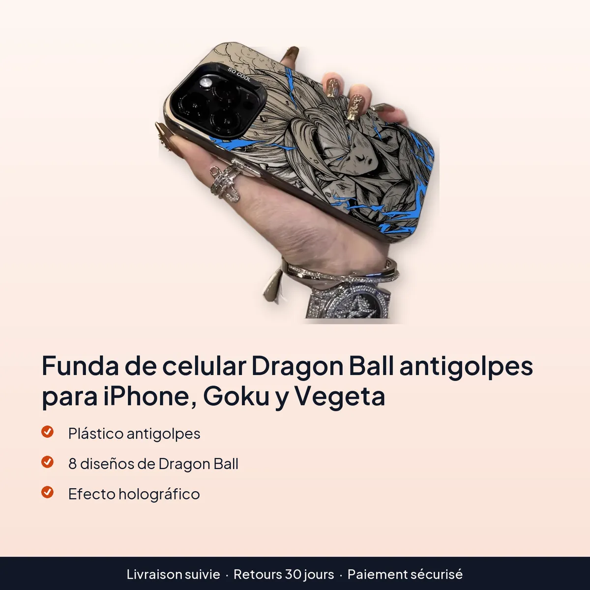 Funda de celular Dragon Ball antigolpes para iPhone, Goku y Vegeta : plástico antigolpes, 8 diseños de dragon ball, efecto holográfico