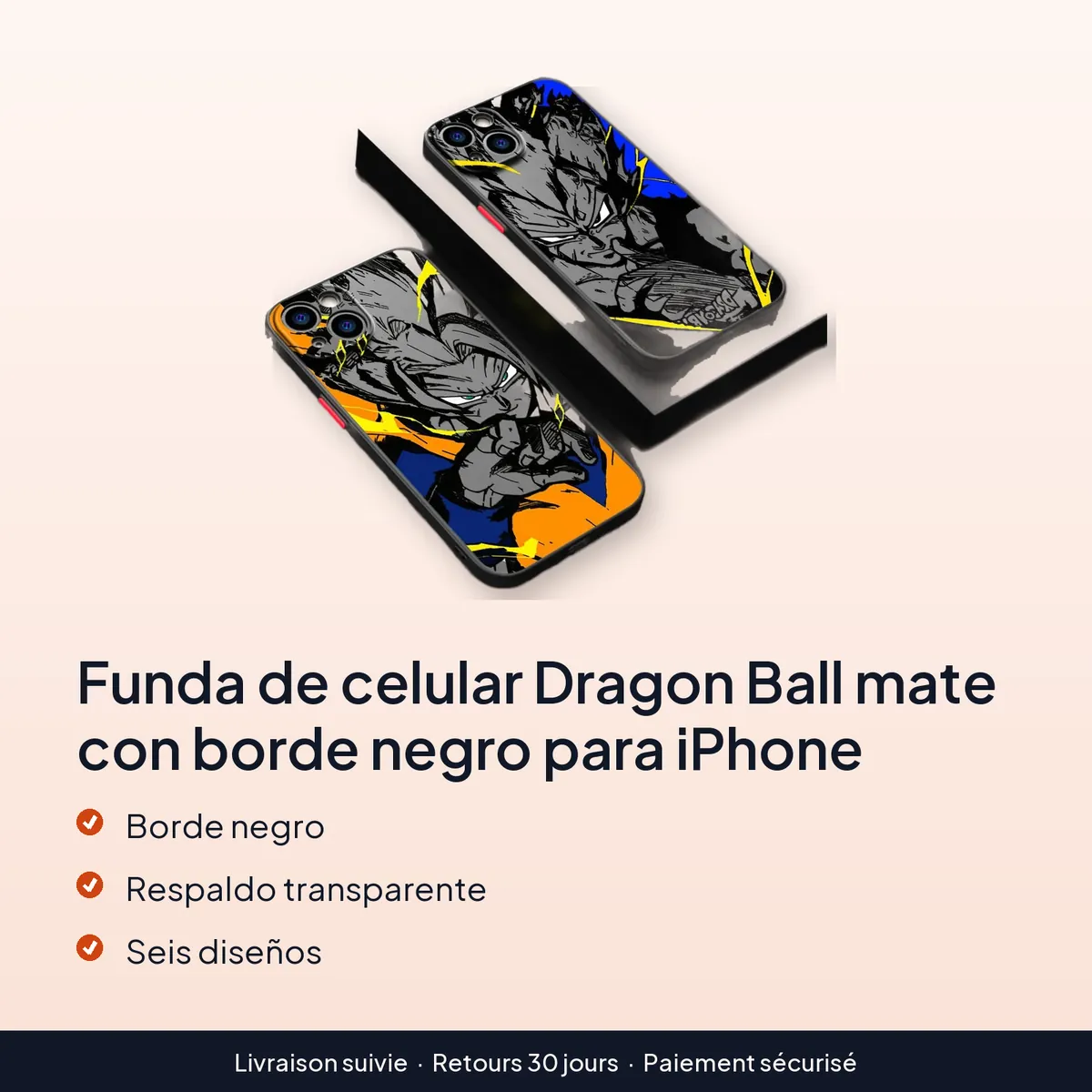 Funda de celular Dragon Ball mate con borde negro para iPhone : borde negro, respaldo transparente, seis diseños