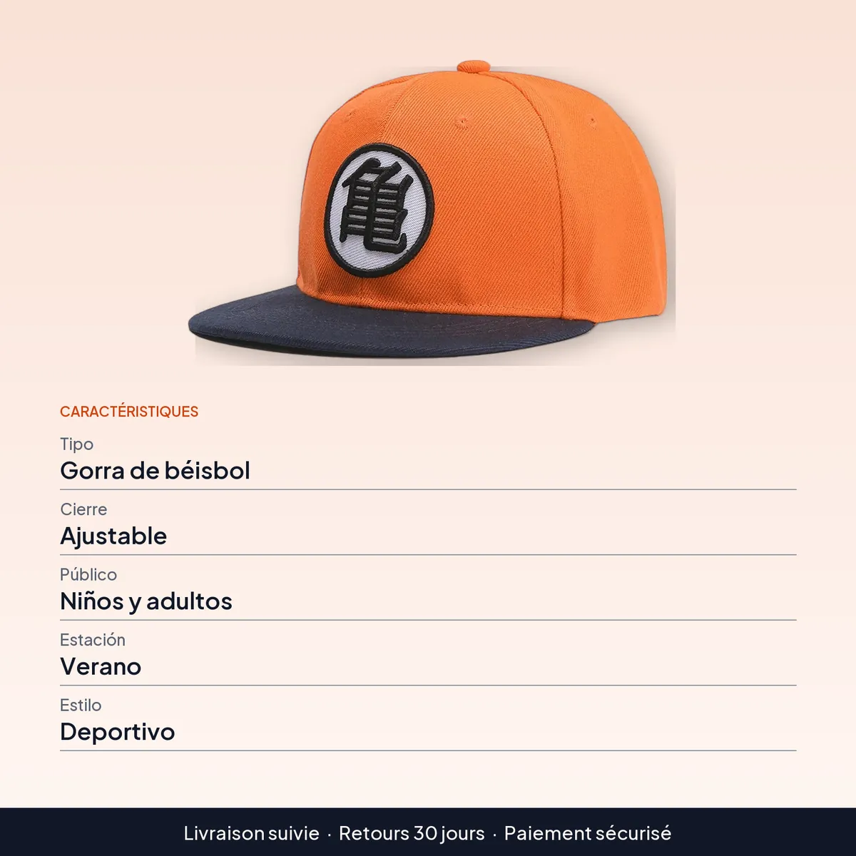 Gorra de béisbol de Goku ajustable para niños y adultos : caractéristiques