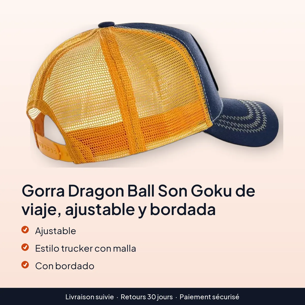 Gorra Dragon Ball Son Goku de viaje, ajustable y bordada : ajustable, estilo trucker con malla, con bordado