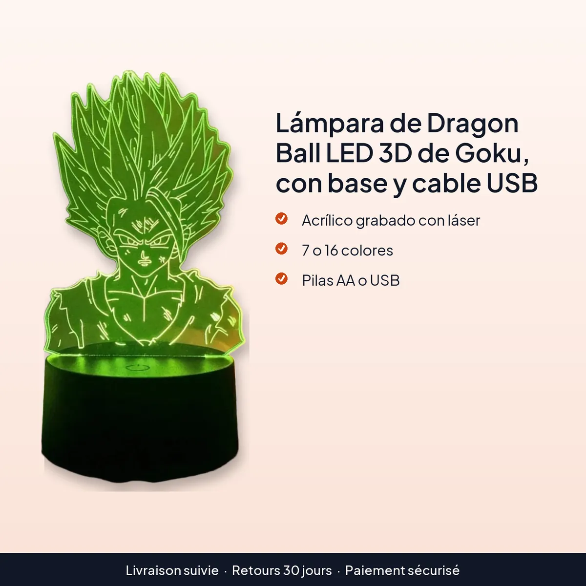 Lámpara de Dragon Ball LED 3D de Goku, con base y cable USB : acrílico grabado con láser, 7 o 16 colores, pilas aa o usb