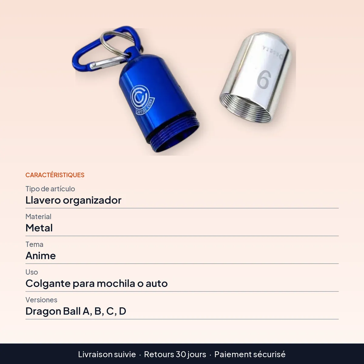Llavero de Dragon Ball de metal, organizador de pastillas portátil : caractéristiques