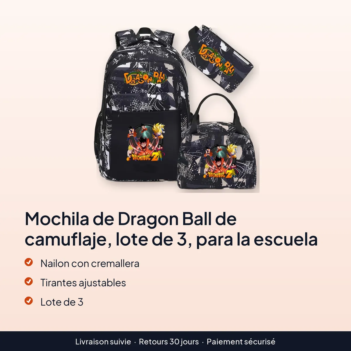 Mochila de Dragon Ball de camuflaje, lote de 3, para la escuela : nailon con cremallera, tirantes ajustables, lote de 3