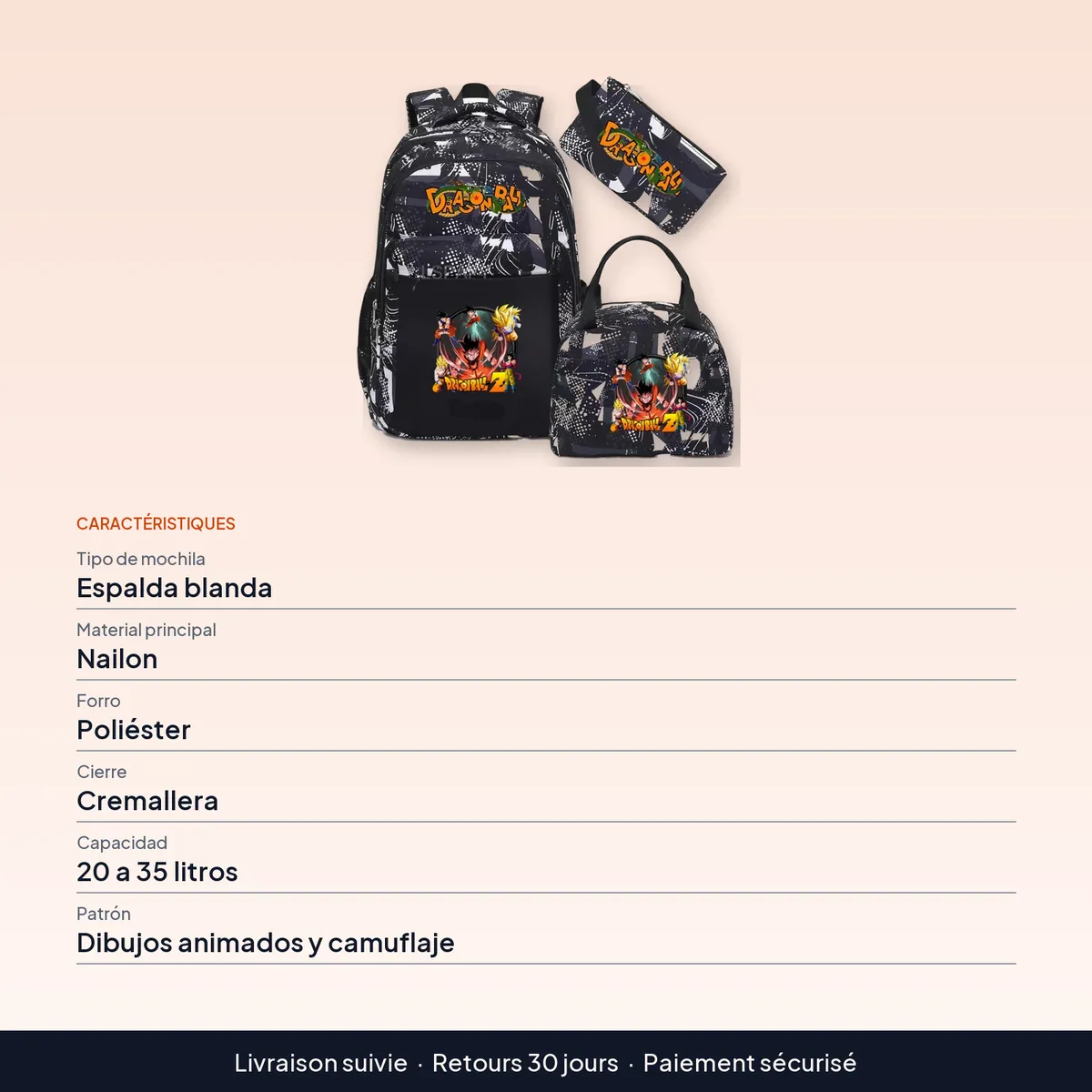 Mochila de Dragon Ball de camuflaje, lote de 3, para la escuela : caractéristiques