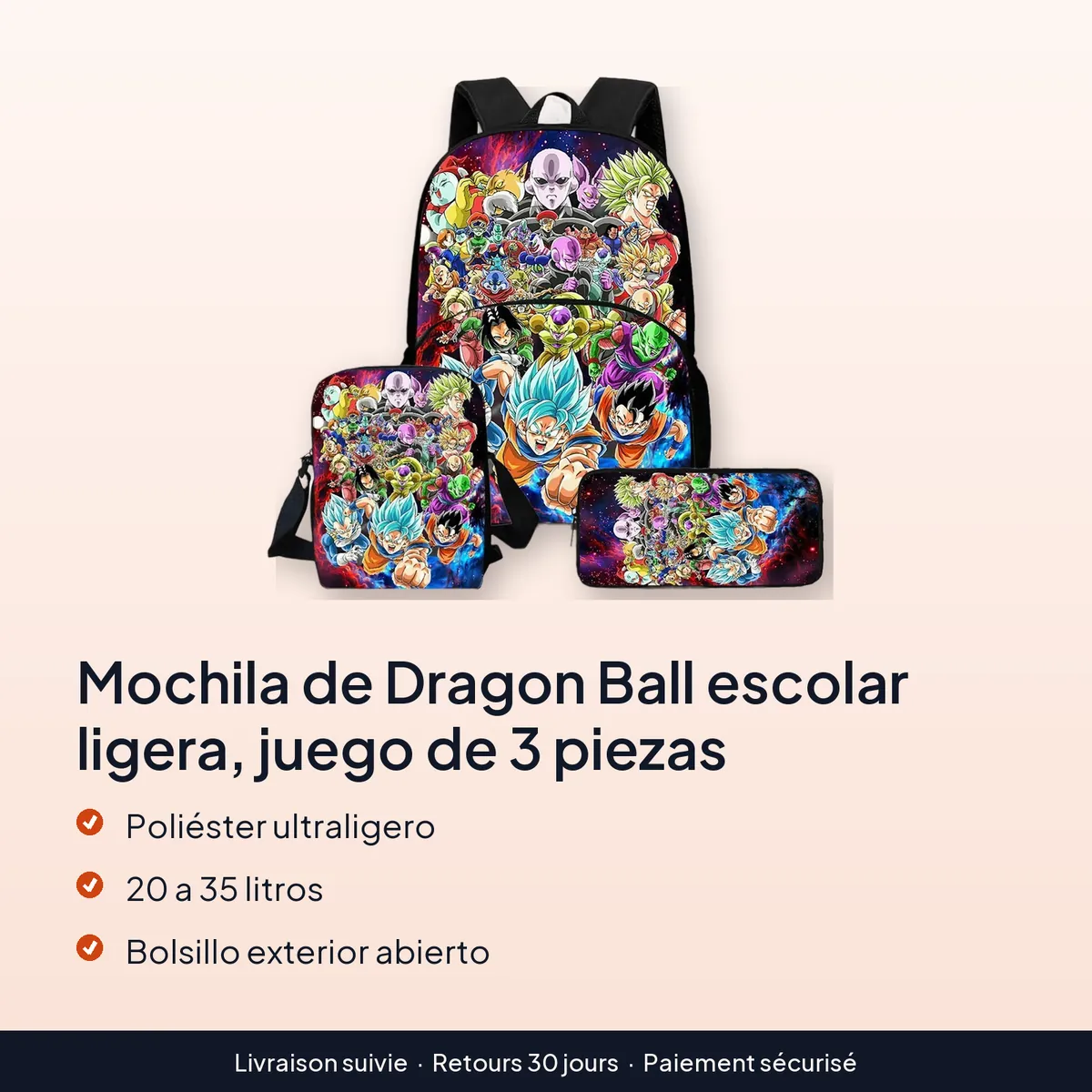 Mochila de Dragon Ball escolar ligera, juego de 3 piezas : poliéster ultraligero, 20 a 35 litros, bolsillo exterior abierto