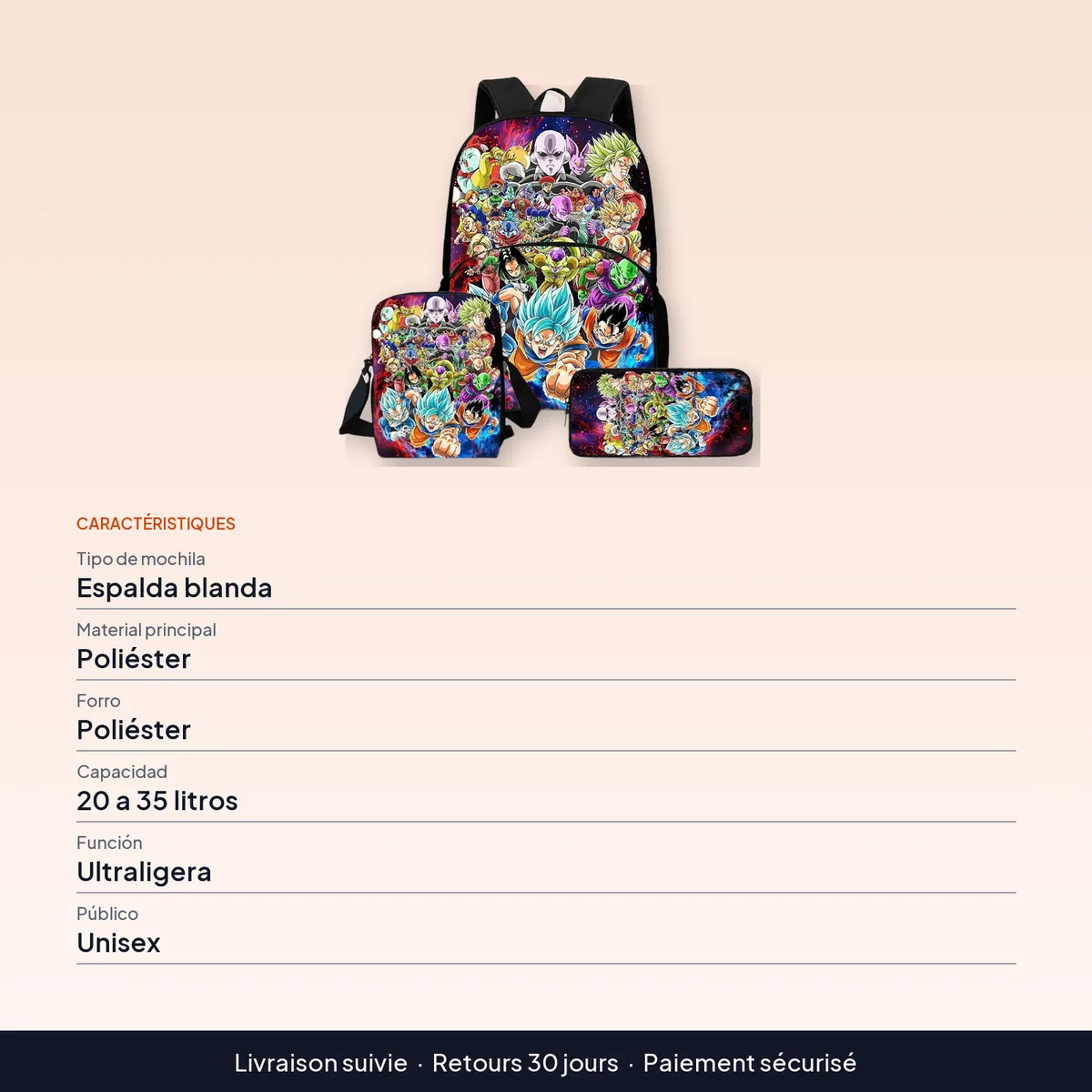 Mochila de Dragon Ball escolar ligera, juego de 3 piezas : caractéristiques