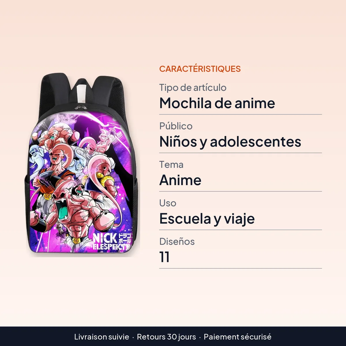 Mochila de Dragon Ball estampada de anime, escolar y de viaje : caractéristiques