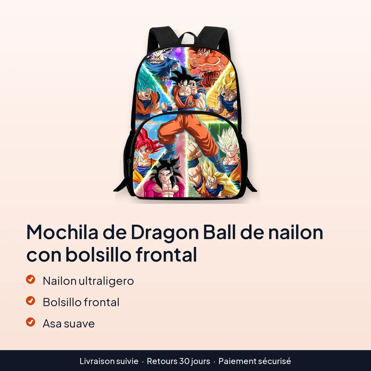 Mochila de Dragon Ball de nailon con bolsillo frontal : nailon ultraligero, bolsillo frontal, asa suave
