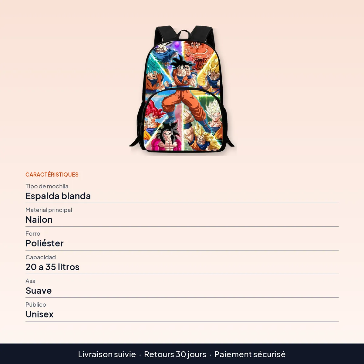 Mochila de Dragon Ball de nailon con bolsillo frontal : caractéristiques