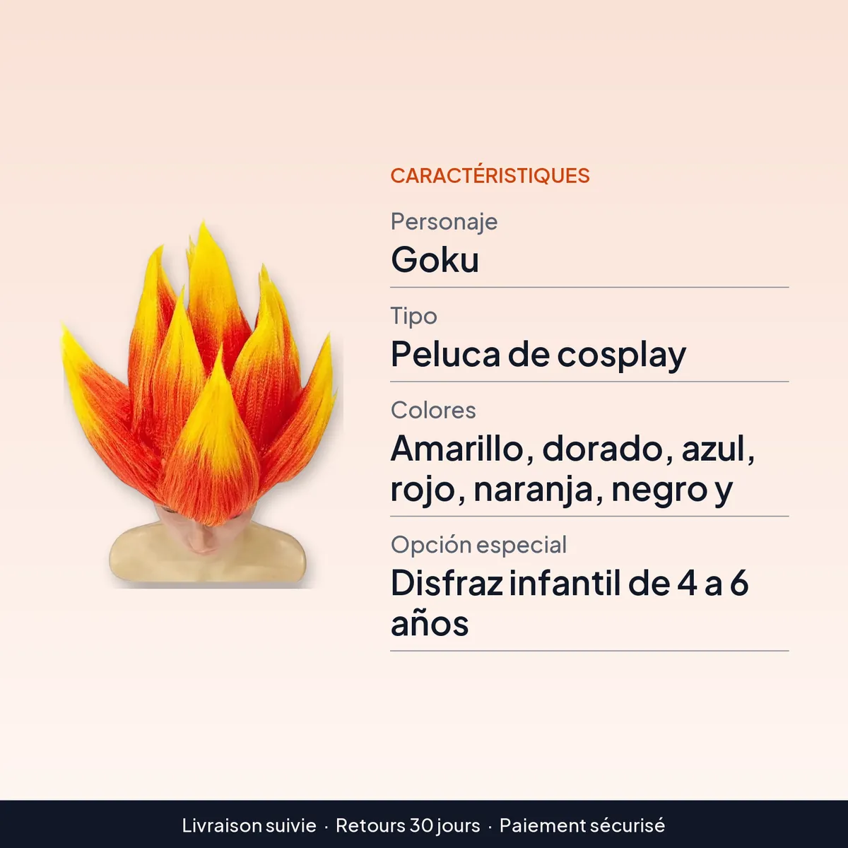 Peluca de cosplay de Goku Z para convenciones, en 9 colores : caractéristiques