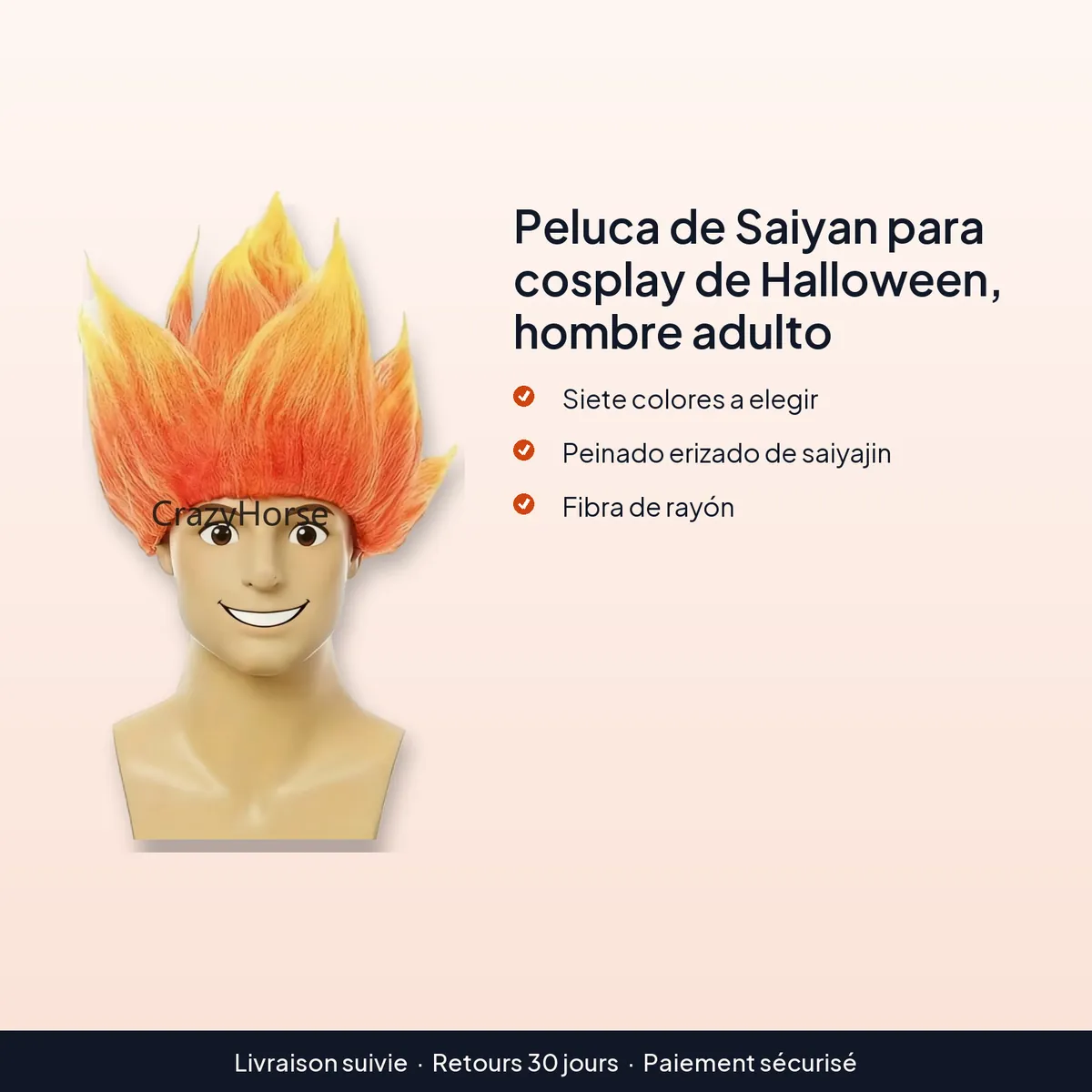 Peluca de Saiyan para cosplay de Halloween, hombre adulto : siete colores a elegir, peinado erizado de saiyajin, fibra de rayón