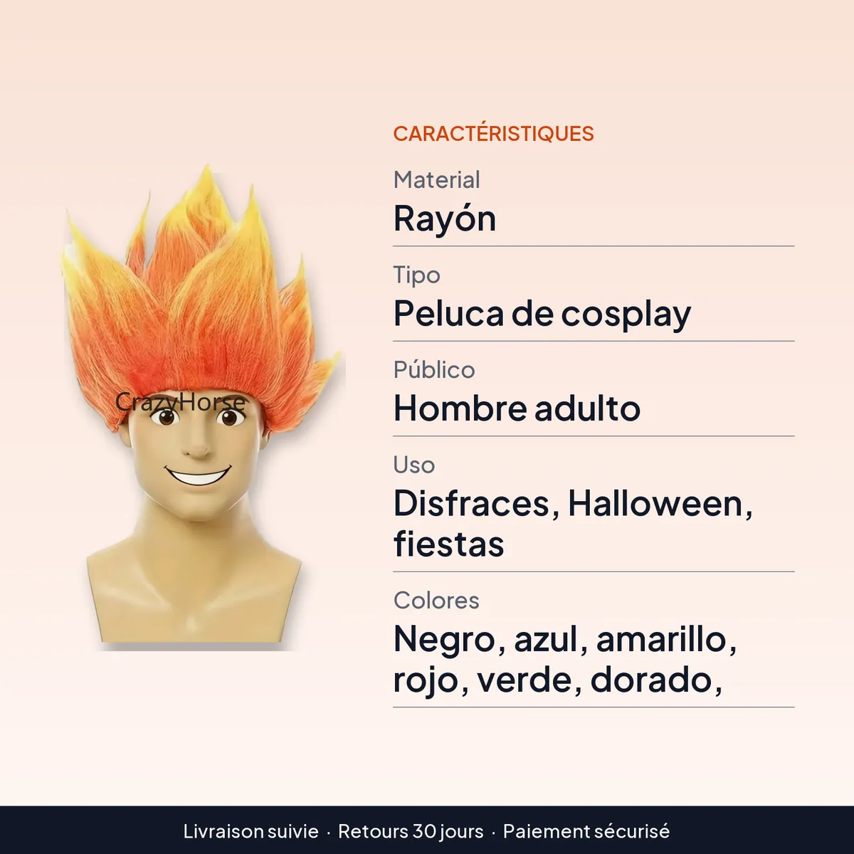 Peluca de Saiyan para cosplay de Halloween, hombre adulto : caractéristiques