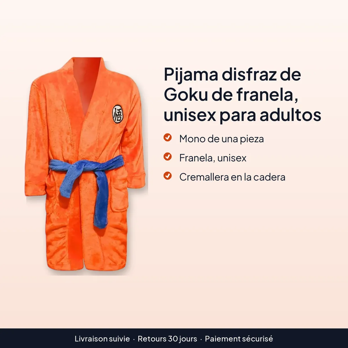 Pijama disfraz de Goku de franela, unisex para adultos : mono de una pieza, franela, unisex, cremallera en la cadera