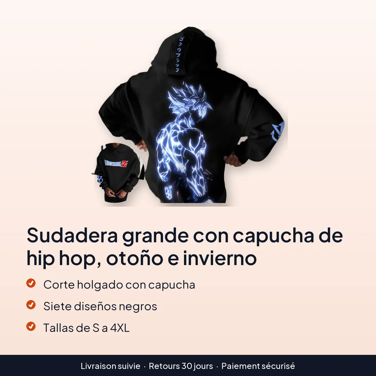 Sudadera grande con capucha de hip hop, otoño e invierno : corte holgado con capucha, siete diseños negros, tallas de s a 4xl