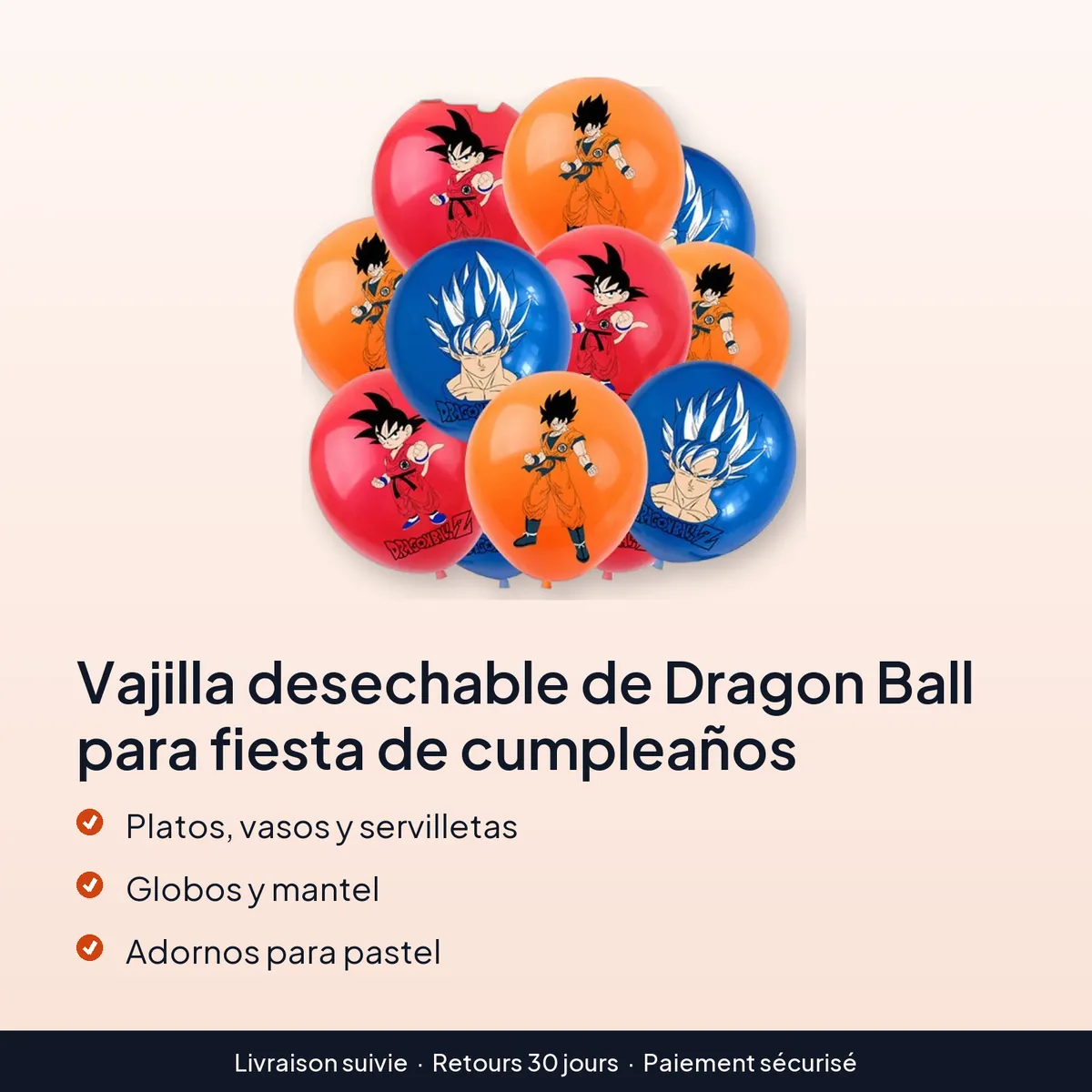 Vajilla desechable de Dragon Ball para fiesta de cumpleaños : platos, vasos y servilletas, globos y mantel, adornos para pastel