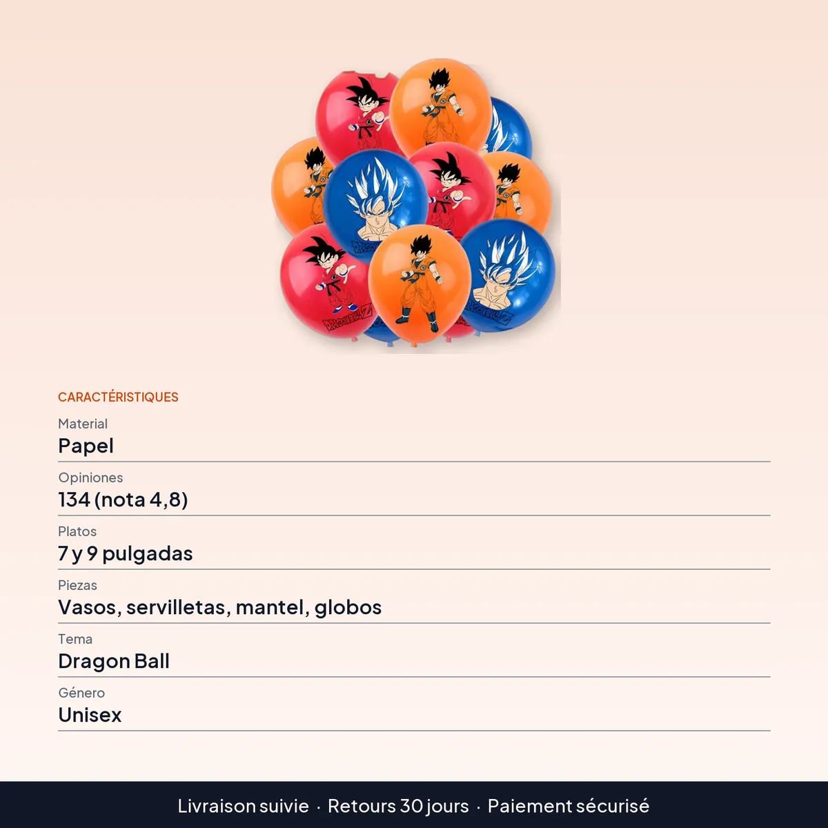 Vajilla desechable de Dragon Ball para fiesta de cumpleaños : caractéristiques