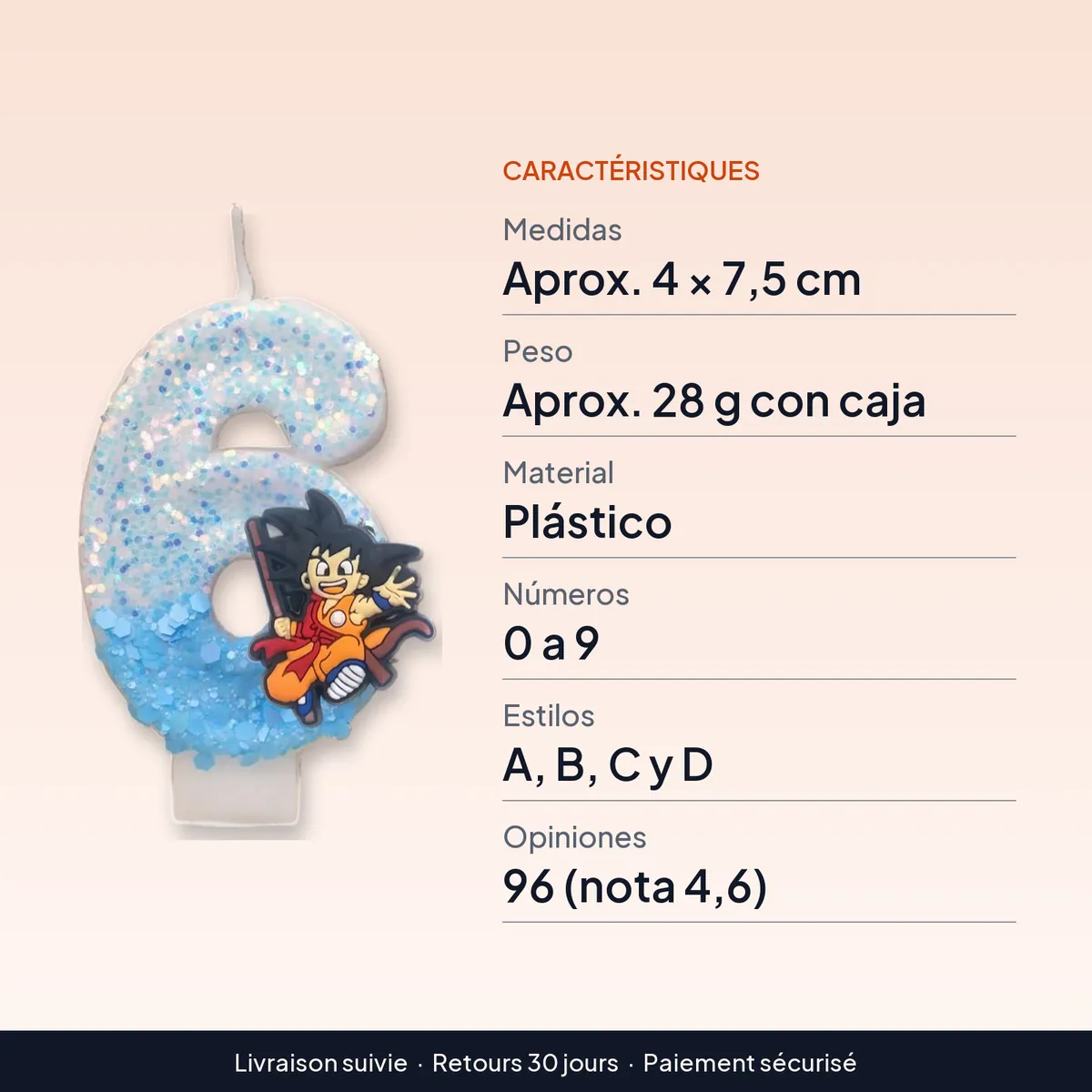 Vela con número temático de Dragon Ball para pastel infantil : caractéristiques